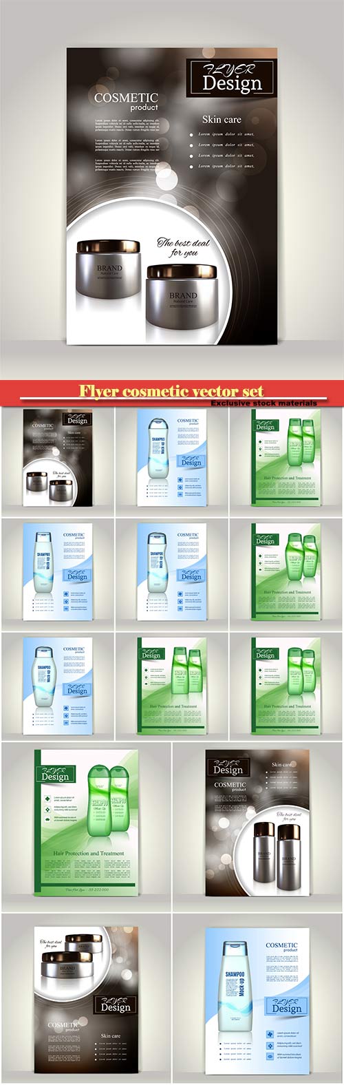 Flyer cosmetic vector set, brochure or magazine cover template