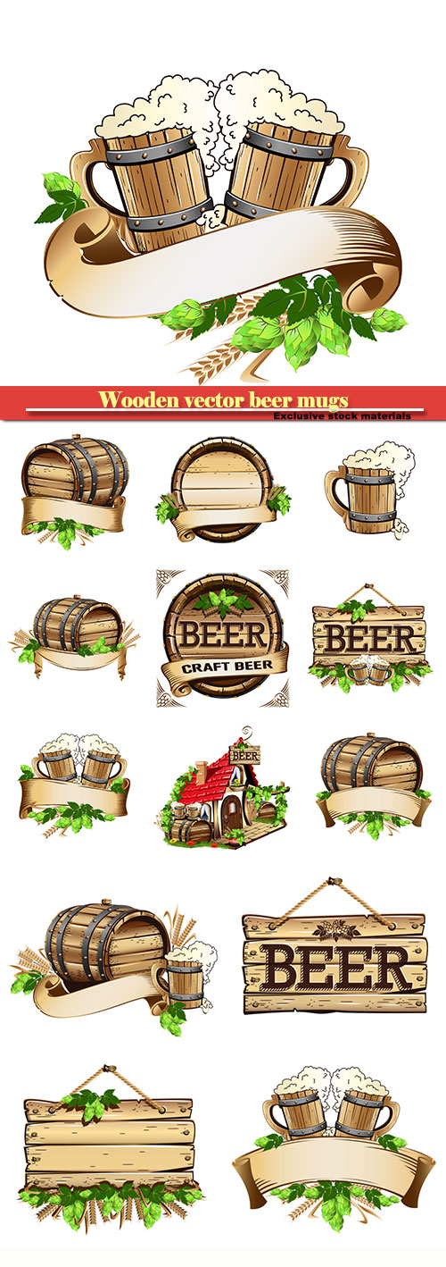 Wooden vector beer mugs and beer barrel still life