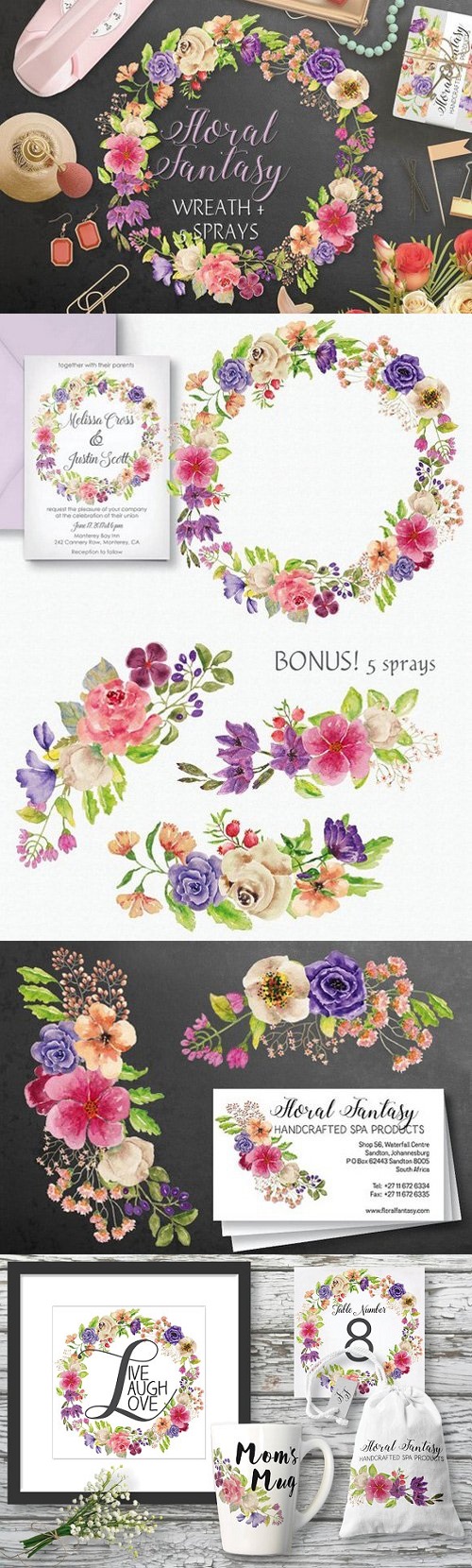 Watercolor wreath of mixed florals 1481621