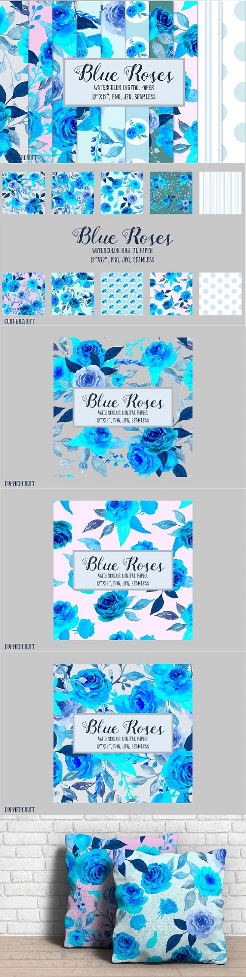 Blue Rose Digital Paper Watercolor - 1581214