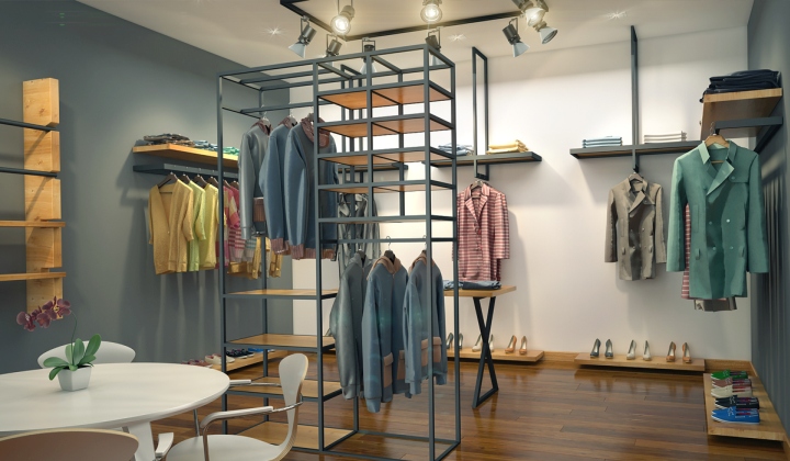 Стильный дизайн интерьера магазина модной мужской одежды zagros