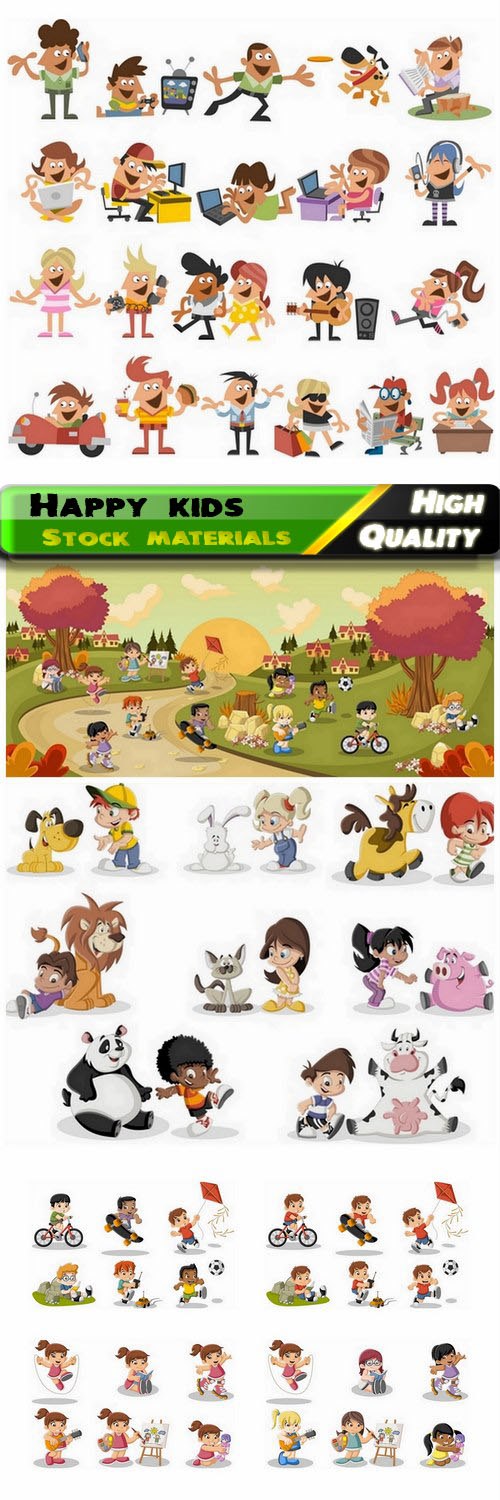 Happy cartoon kids and children boy and girl have fun 7 Eps