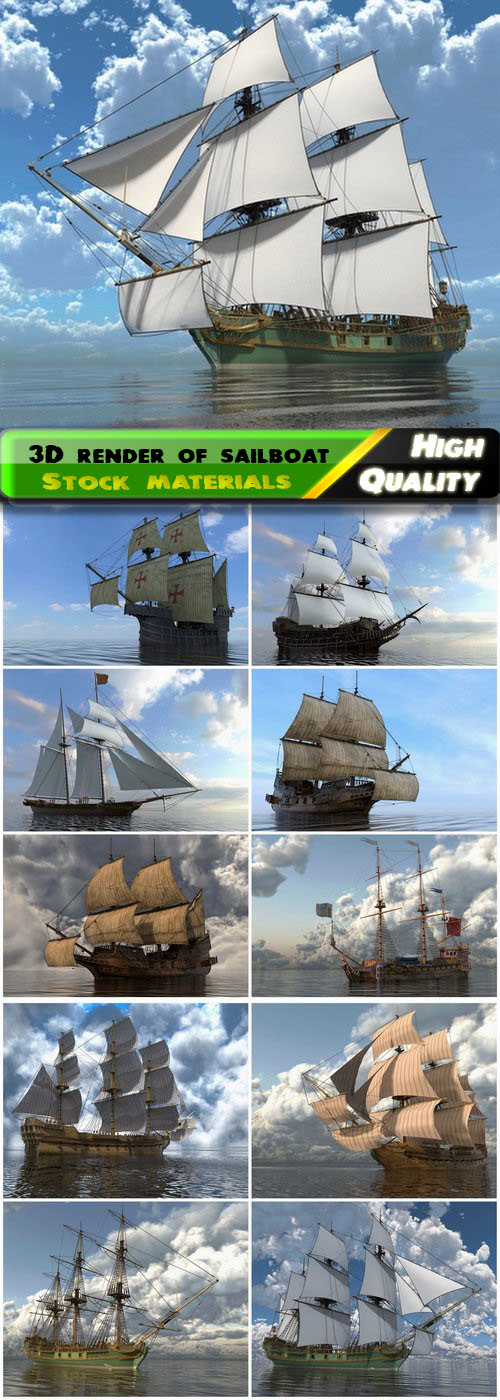 3D rendered illustration of old ocean sailboat and ship 12 HQ Jpg