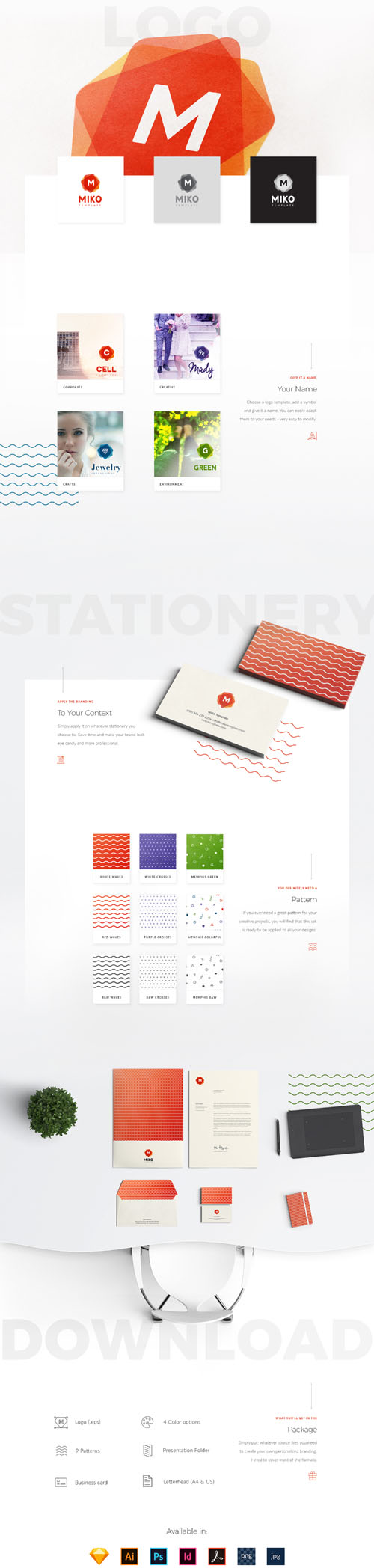 MIKO Logo Pattern Stationery Templates [AI/EPS/PSD/INDD/Sketch]