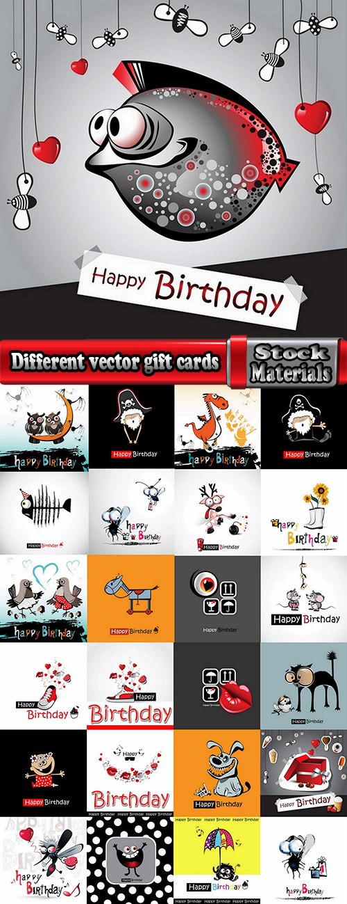 Different vector gift cards with funny cartoon animals 25 Eps