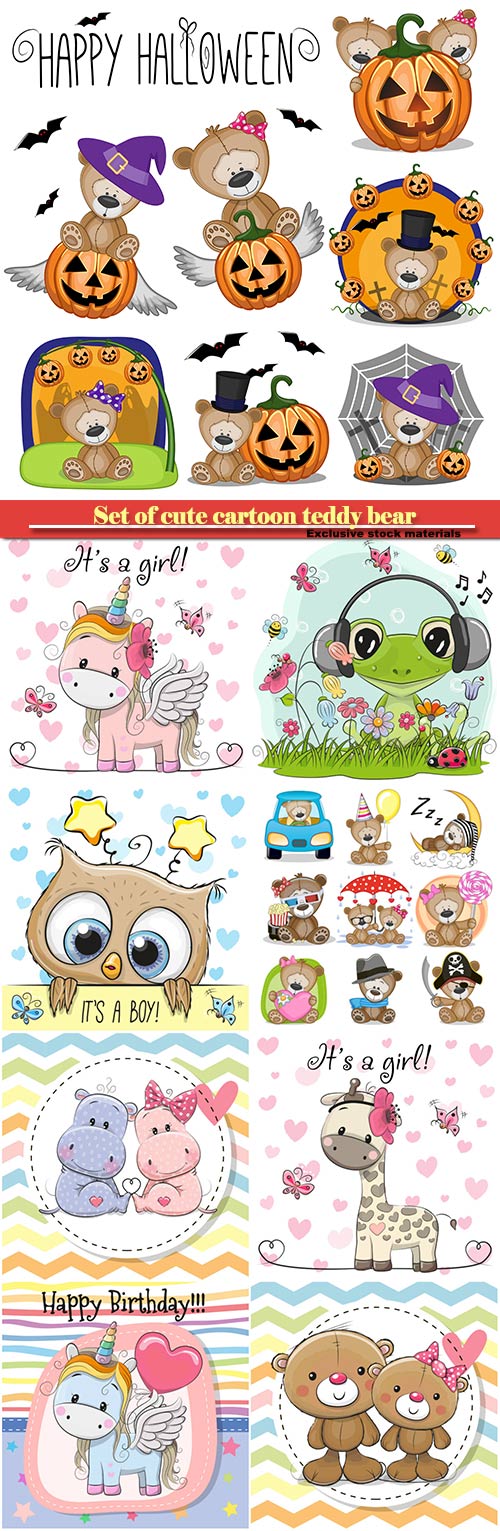 Set of cute cartoon teddy bear, Halloween set, cute animals