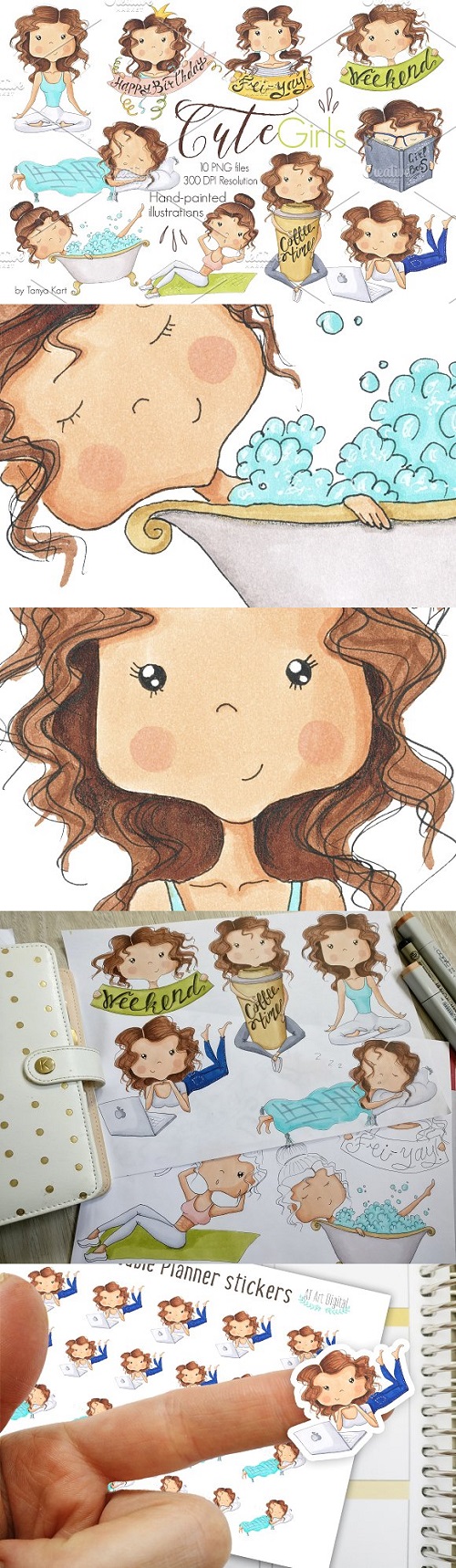 Cute Girls Hand-Painted Clipart - 1567705