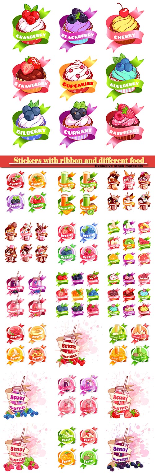 Stickers with ribbon and different fruits juices and milkshakes, cupcakes