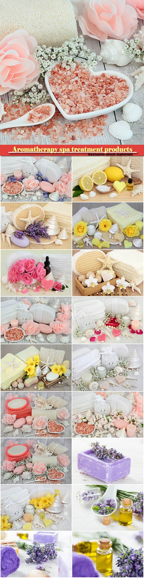 Aromatherapy spa treatment products with moisturiser, essence, freesia flowers, lavender flowers, shells and pearls