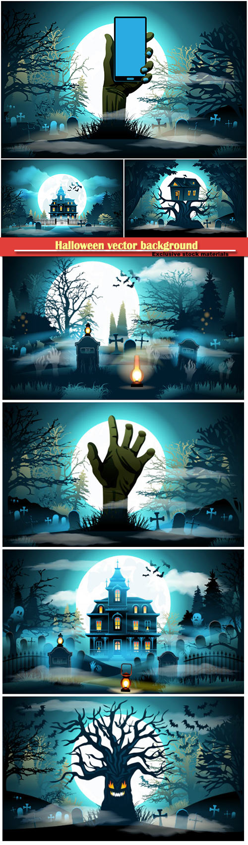 Halloween vector background, old scary house, castle and cemetery on blue m ...