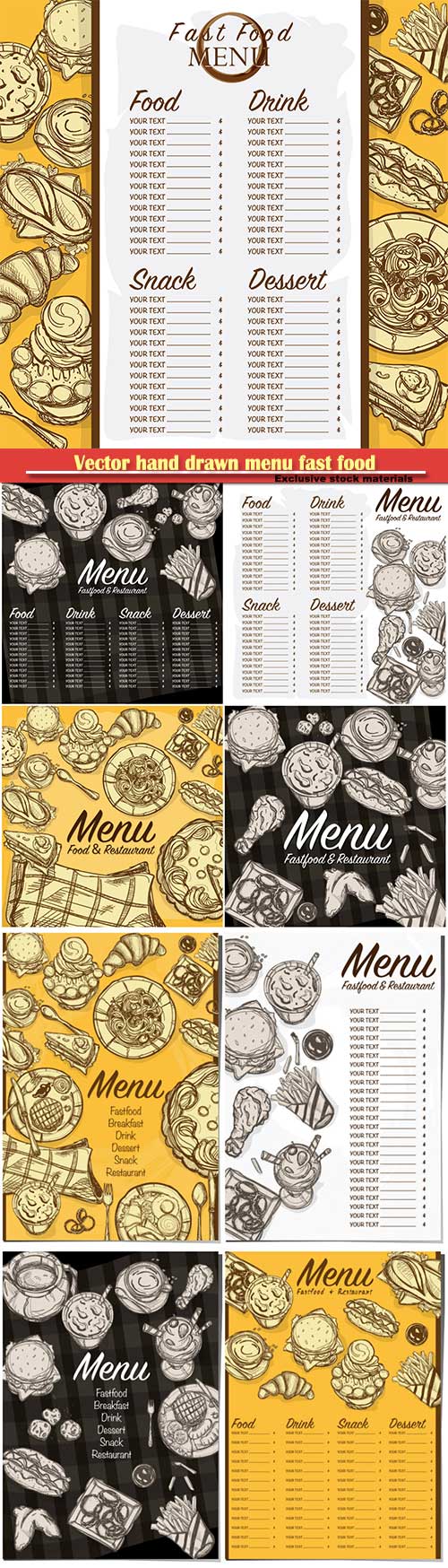 Vector hand drawn menu fast food restaurant template design