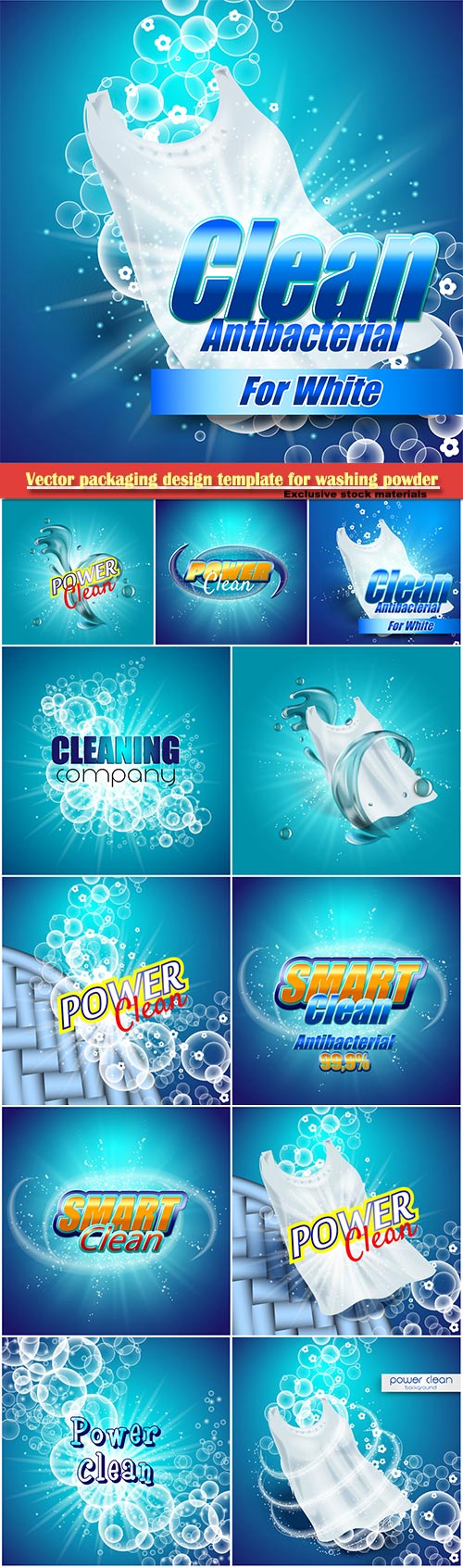 Vector packaging design template for washing powder, super clean, soap bubbles