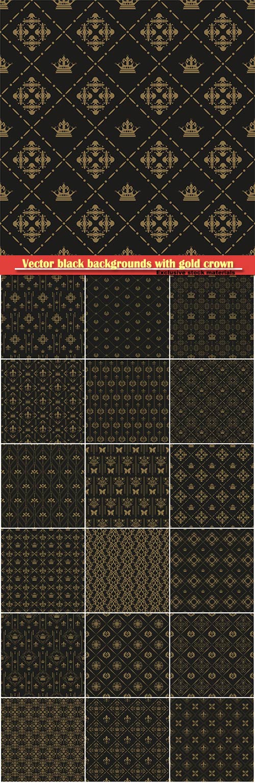 Vector black backgrounds with gold crown patterns