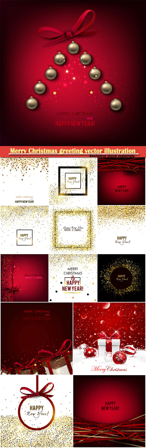 Merry Christmas greeting vector illustration with elegant gifts and balls on background
